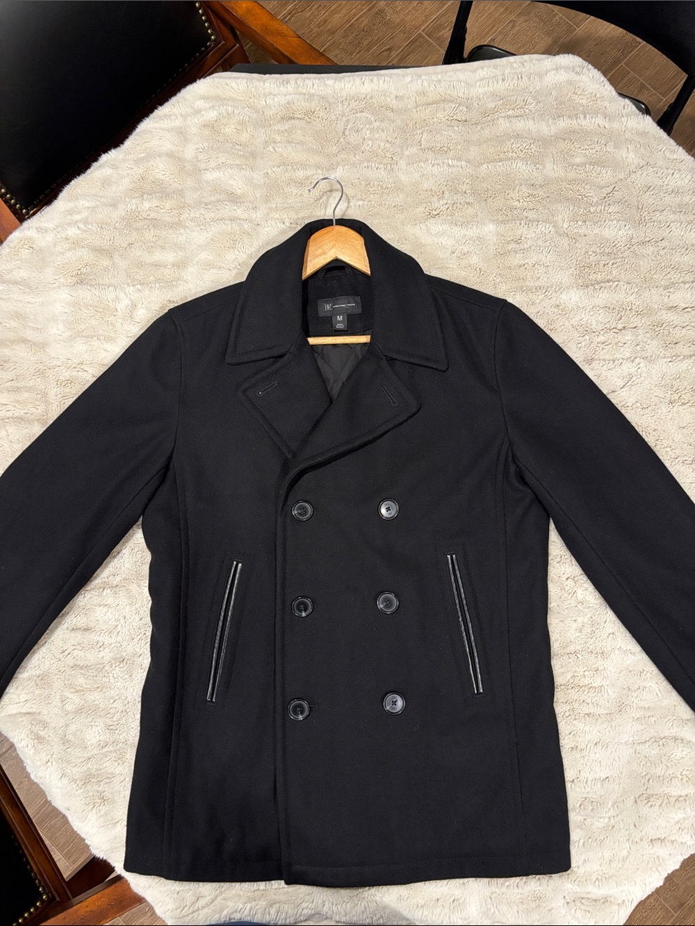 INC International Concepts Black Double-Breasted Peacoat
